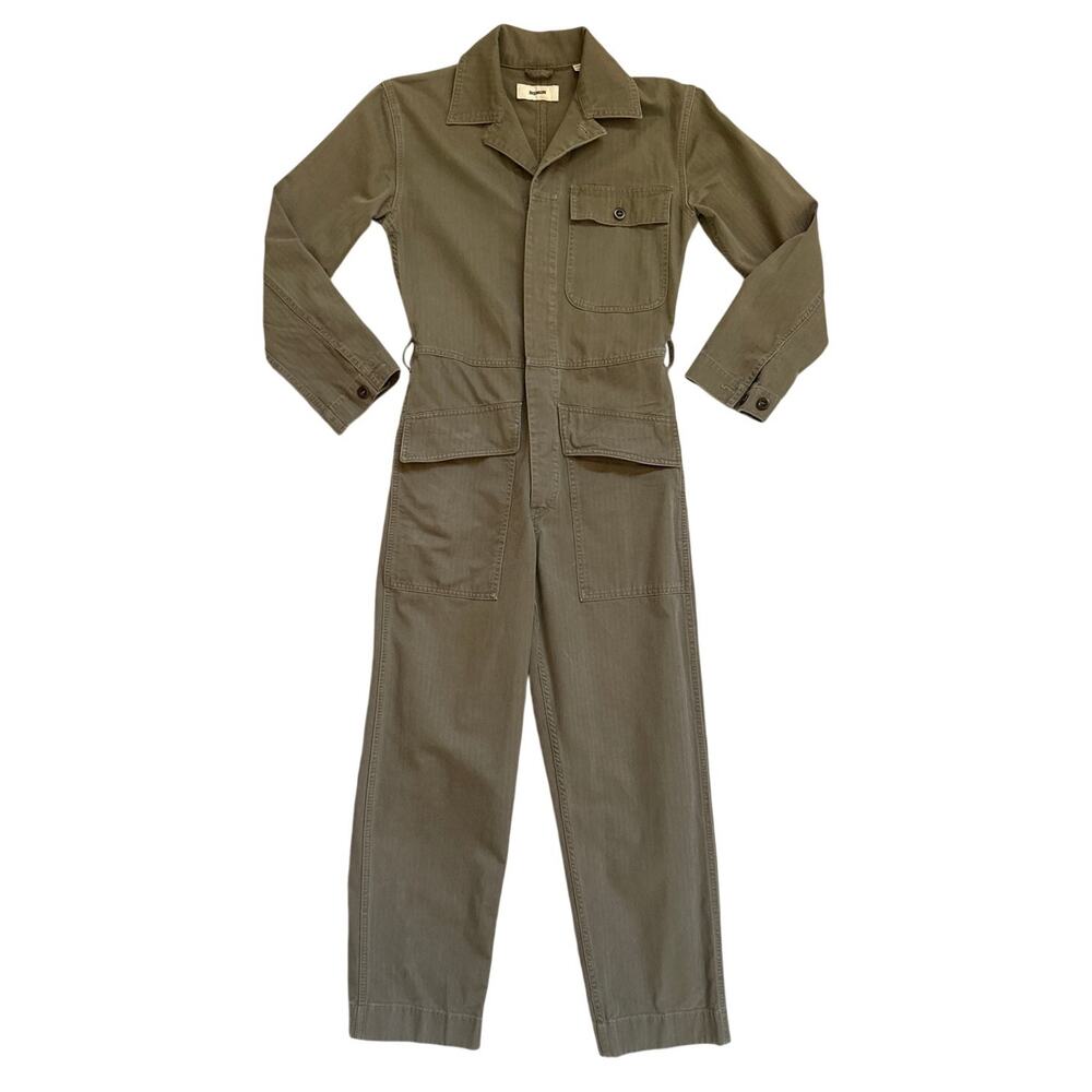 Buck Mason Herringbone Twill Utility Jumpsuit in Dusty Olive Green Size XS
